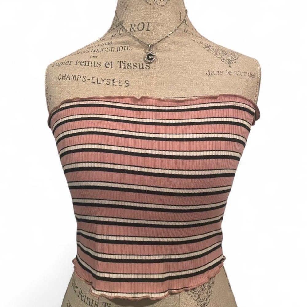 Ambience Apparel • Baby Pink/Black/White Striped Tube top • SIZE - LARGE